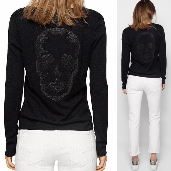 ZADIG & VOLTAIRE Merino Wool Distressed V-Neck Crystal Studded Skull Sweater XS - Picture 7 of 10
